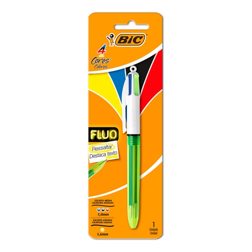 [BIC4COL3YFLUO] Bolígrafo de 4 colores en 1 Bic 4 Color, 3 colores + 1 Flúo